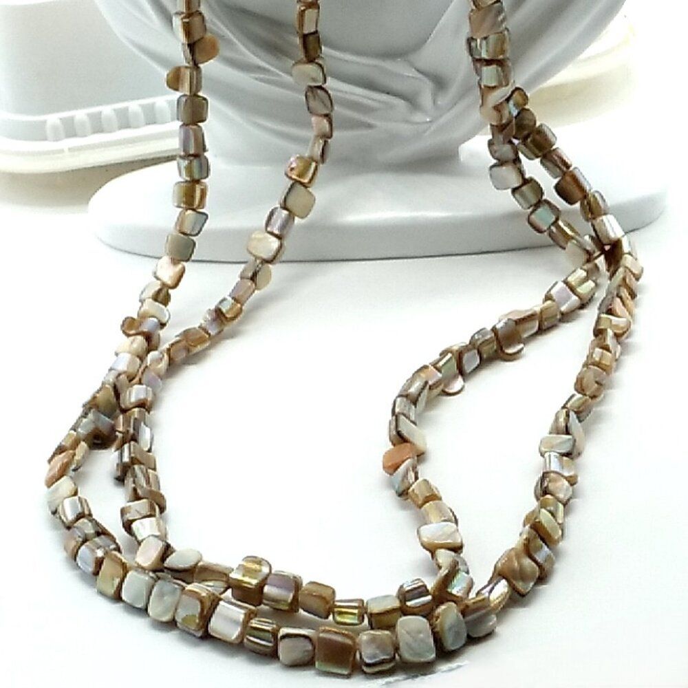 Long Mother of Pearl Natural Fresh Water Shell Necklace Taupe Cream Champagne